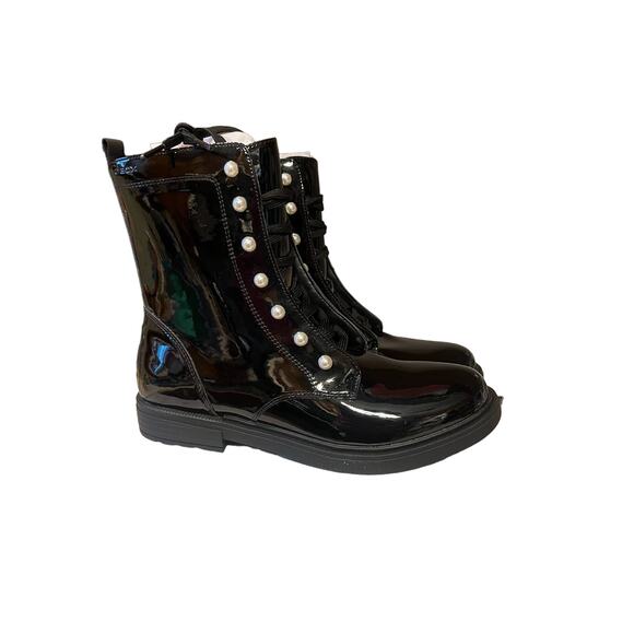 Geox Eclair Pearl Combat black Boots Italian faux Patent leather womens 39/ US 8 - Picture 1 of 10